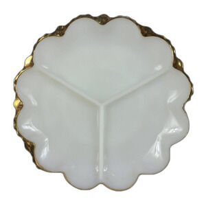 Anchor Hocking Milk Glass 3 Section Divide Dish Gold Trim Platter‎